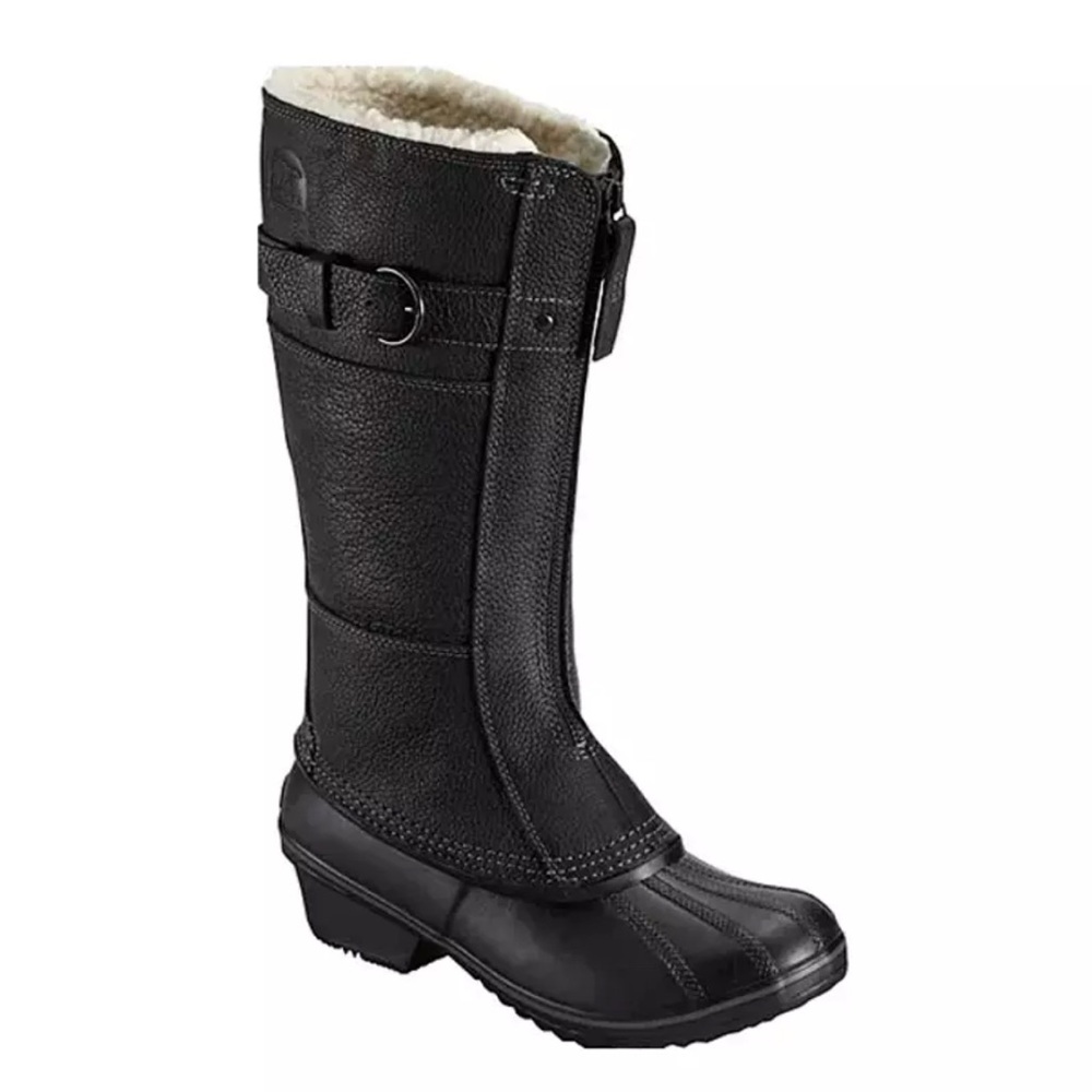 SOREL Winter Fancy Tall Boot Leather Fleece Front Zip Waterproof, Size 9, Black